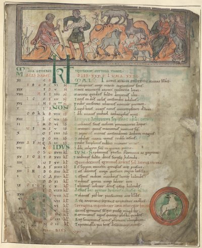 Cotton Tiberius B. V, Parte 1, f.5 Página del calendario de mayo. Cuidando ovejas. Dos pastores con su rebaño, uno sosteniendo un cayado y tres figuras sentadas. A los pies, Aries en círculo. de Anglo Saxon