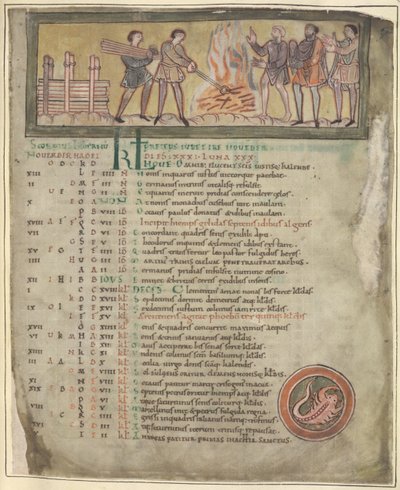 Cotton Tiberius B. V. Parte 1 f.8 Calentamiento y herrería, noviembre de un calendario, Winchester (?) Segundo cuarto del siglo XI (vitela) de Anglo Saxon
