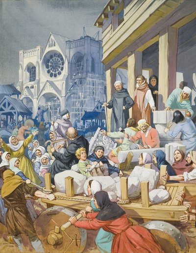 El abad Suger (c.1081-1151) y la construcción de la abadía de San Denis (gouache sobre papel) de Angus McBride