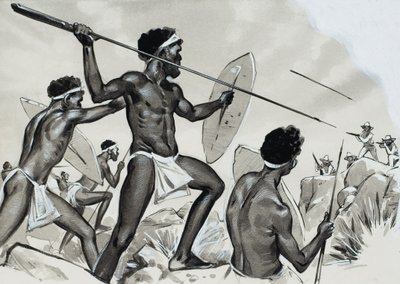 Aborígenes atacados (gouache sobre papel) de Angus McBride