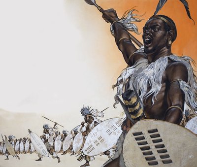 Chaka en combate al frente del regimiento de Tulwana impi (gouache sobre papel) de Angus McBride