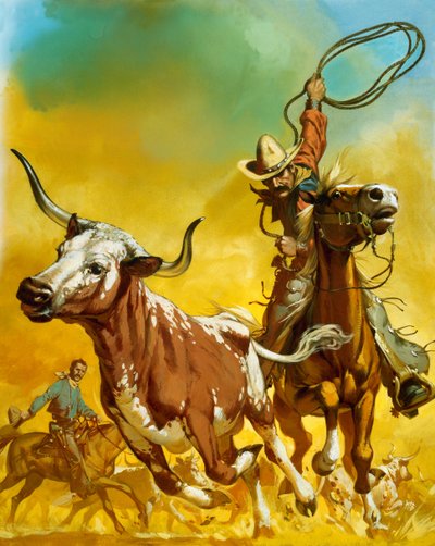 Cowboy lassoing cattle (gouache sobre papel) de Angus McBride