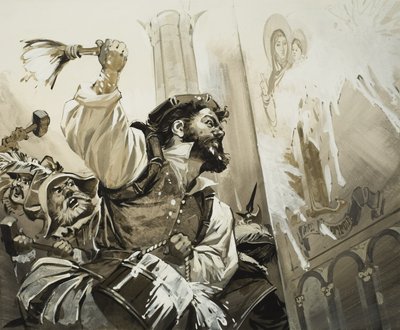 Fanáticos asaltan las iglesias de Basilea en la Suiza protestante (gouache sobre papel) de Angus McBride