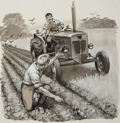 Granjero descubriendo una reliquia antigua (gouache sobre papel) de Angus McBride
