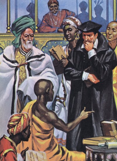 Discusión de ideas en el Parlamento de Religiones de Akbar (litografía en color) de Angus McBride