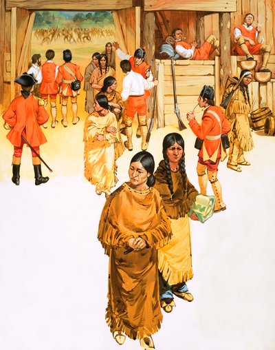 indias escondiendo armas entran en Fort Micilmackinac de Angus McBride