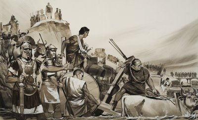 Julio César (100-44 a.C.) conduce a sus soldados a través del pequeño río Rubicón y marcha sobre Roma (gouache sobre papel) de Angus McBride