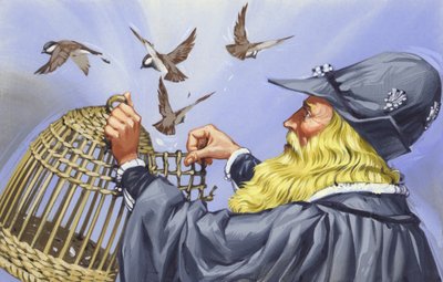 Leonardo Da Vinci, que compraba pájaros enjaulados para dejarlos libres (gouache sobre papel) de Angus McBride