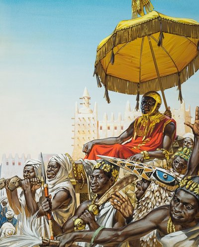Mansa Kankan Musa I, rey del imperio maliense en el siglo XIV (gouache sobre papel) de Angus McBride