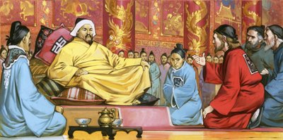 Marco Polo en la corte de Kublai Khan, siglo XX (gouache sobre papel) de Angus McBride