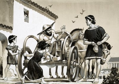 Comerciante vendiendo objetos a lomos de un carro en época romana de Angus McBride