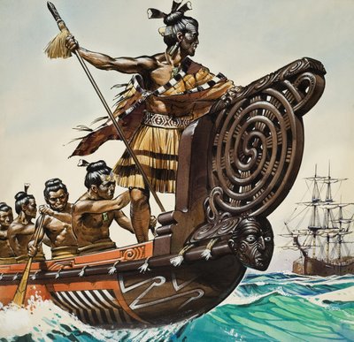 Los nativos y el capitán Cook (1728-79) (gouache sobre papel) de Angus McBride