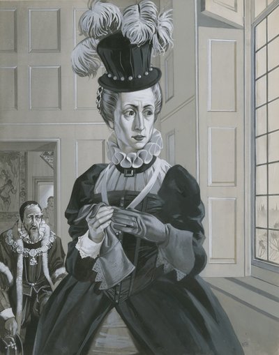 La reina Isabel I, enterada de la ejecución de María, reina de Escocia (gouache sobre papel) de Angus McBride