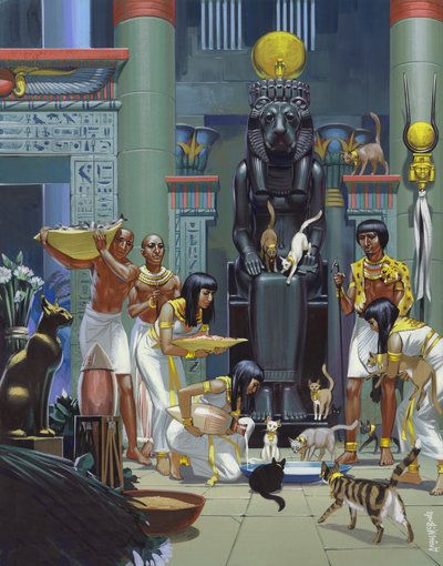 Sirvientes alimentando gatos en un antiguo templo egipcio (gouache sobre papel) de Angus McBride