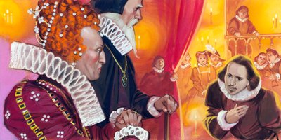 Presentación de Shakespeare a la reina Isabel I de Angus McBride