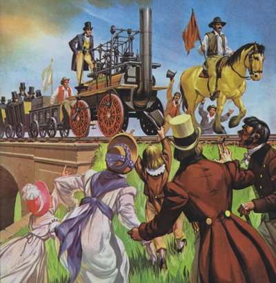 Ferrocarril de Stockton y Darlington (litografía en color) de Angus McBride