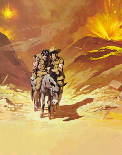 El hombre del burro, John Simpson (litografía en color) de Angus McBride