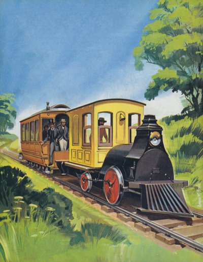 Tren eléctrico Thomas Edisons, construido en 1882 (litografía en color) de Angus McBride