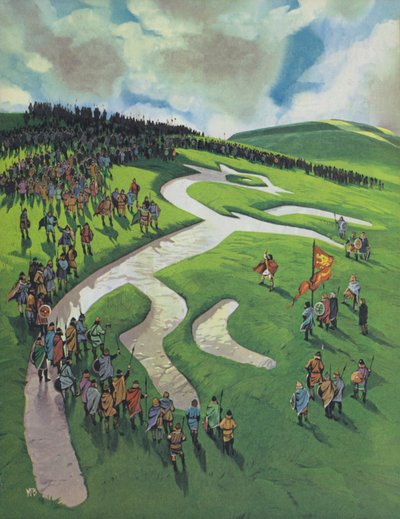 Caballo blanco de Uffington, construido por Alfredo el Grande tras la batalla de Ashdown contra los daneses (litografía en color) de Angus McBride