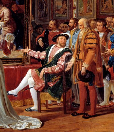 Detalle de la pintura: El siglo de Francisco I: Francisco I, Rey de Francia, recibe en Fontainebleau la pintura de la Sagrada Familia, enviada desde Roma por Rafael como tributo a su gratitud de Anicet Charles Gabriel Lemonnier