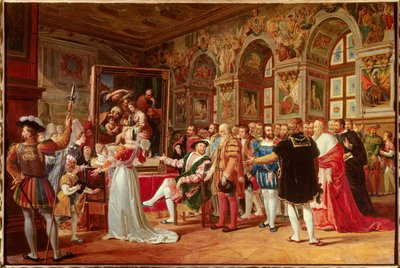 El siglo de Francisco I: Francisco I Rey de Francia recibió la pintura de la Sagrada Familia en Fontainebleau, enviada desde Roma por Rafael como tributo a su gratitud de Anicet Charles Gabriel Lemonnier