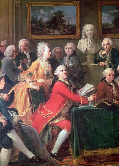 Una velada en la casa de Madame Geoffrin (detalle de Lekain y Mademoiselle Clairon, 1755) de Anicet Charles Lemonnier