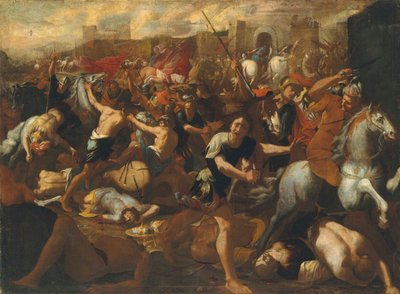 La batalla entre los israelitas y los amalecitas observada por Moisés, con sus brazos sostenidos por Aarón y Hur de Aniello Falcone