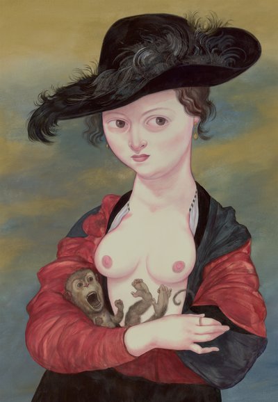 Retrato de una dama con un titi, 2016 (pintura acrílica sobre tabla ilustración) de Anita Kunz