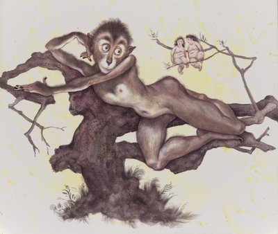 El vervet en el árbol, 2019 (pintura acrílica sobre tabla de ilustración) de Anita Kunz