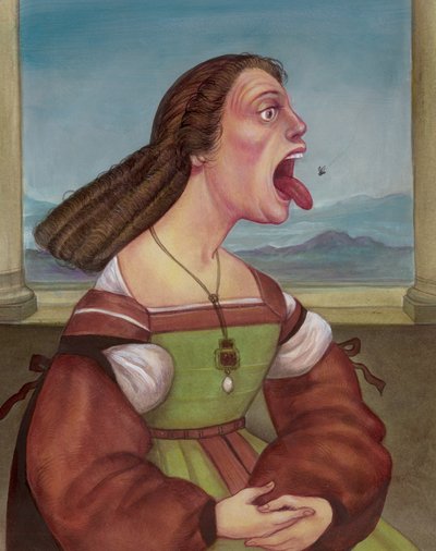 Mujer comiéndose una mosca, 2018 (pintura acrílica sobre tabla ilustración) de Anita Kunz
