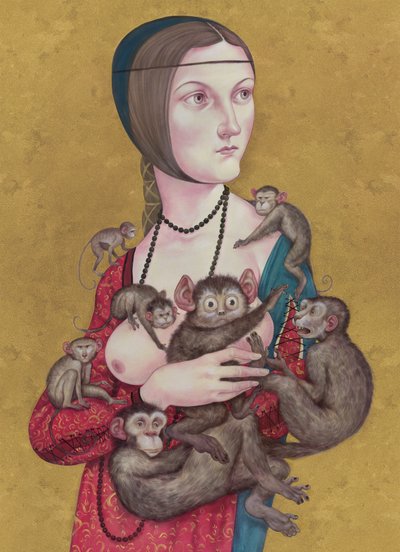 Mujer con monos, 2016 (pintura acrílica sobre tabla ilustración) de Anita Kunz