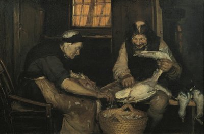 Pareja mayor desplumando gaviotas. Lars Gaihede y la vieja Lene de Anna Ancher