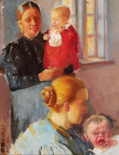 Dos madres jóvenes con sus hijos pequeños. Estudio para "Vacunación". de Anna Ancher