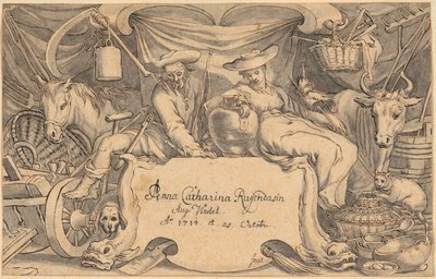 Pareja de granjeros rodeados de sus animales y aperos de labranza de Anna Catharina Rugendas