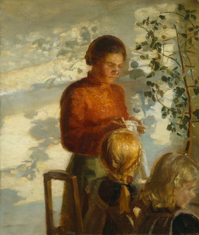 A las niñas enseñar a coser, c.1910 (pintura) de Anna Kirstine Ancher