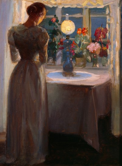Joven delante de una lámpara de Anna Kirstine Ancher