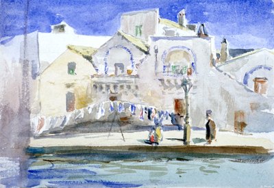 Casas junto a un canal con una cuerda de tender ropa, c. 1864-1930 de Anna Lea Merritt