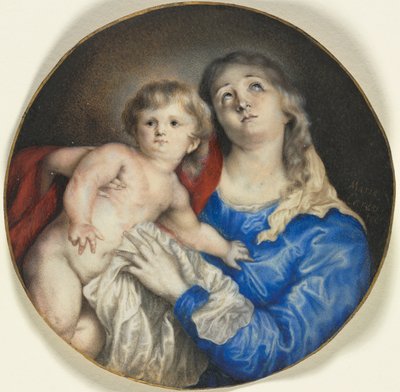Virgen con el Niño, c. 1662 (acuarela realzada con goma sobre vitela, con oro) de Anna Maria Carew