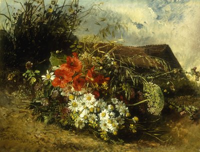 Flores silvestres en una orilla, con una cabaña al fondo de Anna Peters