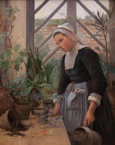 Chica bretona cuidando plantas en invernadero, 1884 de Anna Petersen
