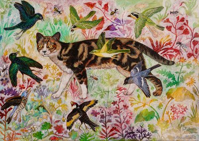 Tabby y los pájaros, 2019 (acrílico) de Anna Pugh