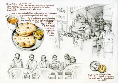 Desayuno en la colina de Chumundi, 2020 (lápiz de color y lápiz) de Annalisa Morrocco