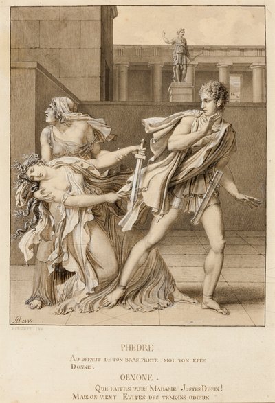 Fedra, habiendo declarado su pasión, intenta matarse con la espada de Hipólito de Anne-Louis Girodet de Roucy-Trioson