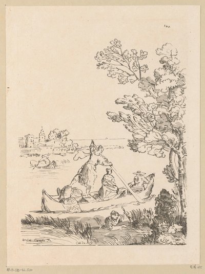 Paisaje fluvial con una barca remada por una mujer
Cabinet du Roy (título de la serie en el objeto) de Anne Claude Philippe Caylus