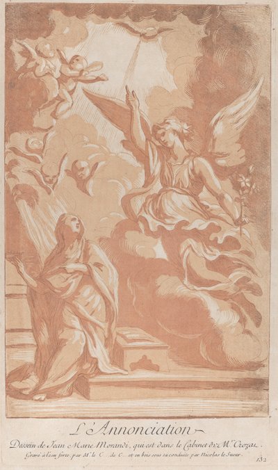 La Anunciación con la Virgen arrodillada a la izquierda y Gabriel apareciendo a la derecha, ca. 1729 de Anne Claude Philippe de Caylus