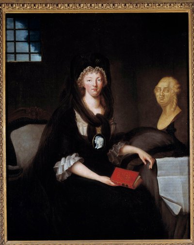 Retrato de María Antonieta (1755-1793) de gran luto en la prisión del Templo (o María Antonieta en la Conserjería, de luto, con un camafeo que representa el delfín, sosteniendo un libro de la vida de María, reina de Escocia, cerca de un busto de Luis XVI y de Anne Flore Millet de Brehan