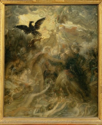 Las sombras de los héroes franceses recibidas por Ossian en el Elíseo aéreo. Una réplica satírica de la gran ... de Anne Louis Girodet de Roucy-Trioson