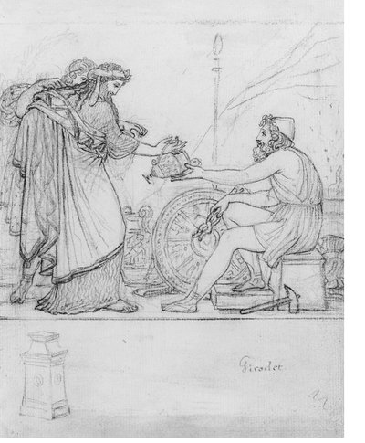 Anacreonte recibiendo un jarrón de plata de dos figuras de pie, con un estudio de una estela: Una ilustración a la Oda XVII de Anacreonte con inscripción 