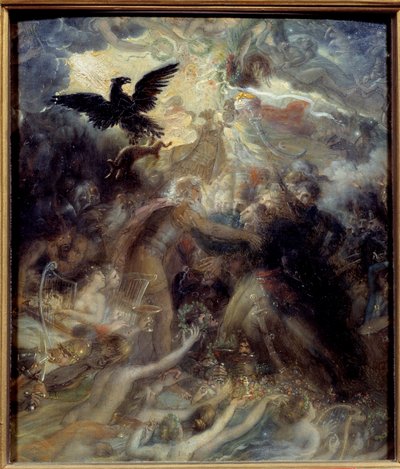 Apoteosis de los héroes franceses que murieron por la patria durante la Guerra de la Libertad, homenaje ofrecido a Napoleón Bonaparte Alegoría representando al bardo Ossian, poeta escocés del siglo III leído por Napoleón, quien acogió a los generales Louis de Anne Louis Girodet de Roucy Trioson