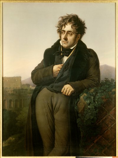 Retrato de Francois Rene, Vizconde de Chateaubriand (1768-1848) meditando sobre las ruinas de Roma frente a una vista del Coliseo de Anne Louis Girodet de Roucy Trioson